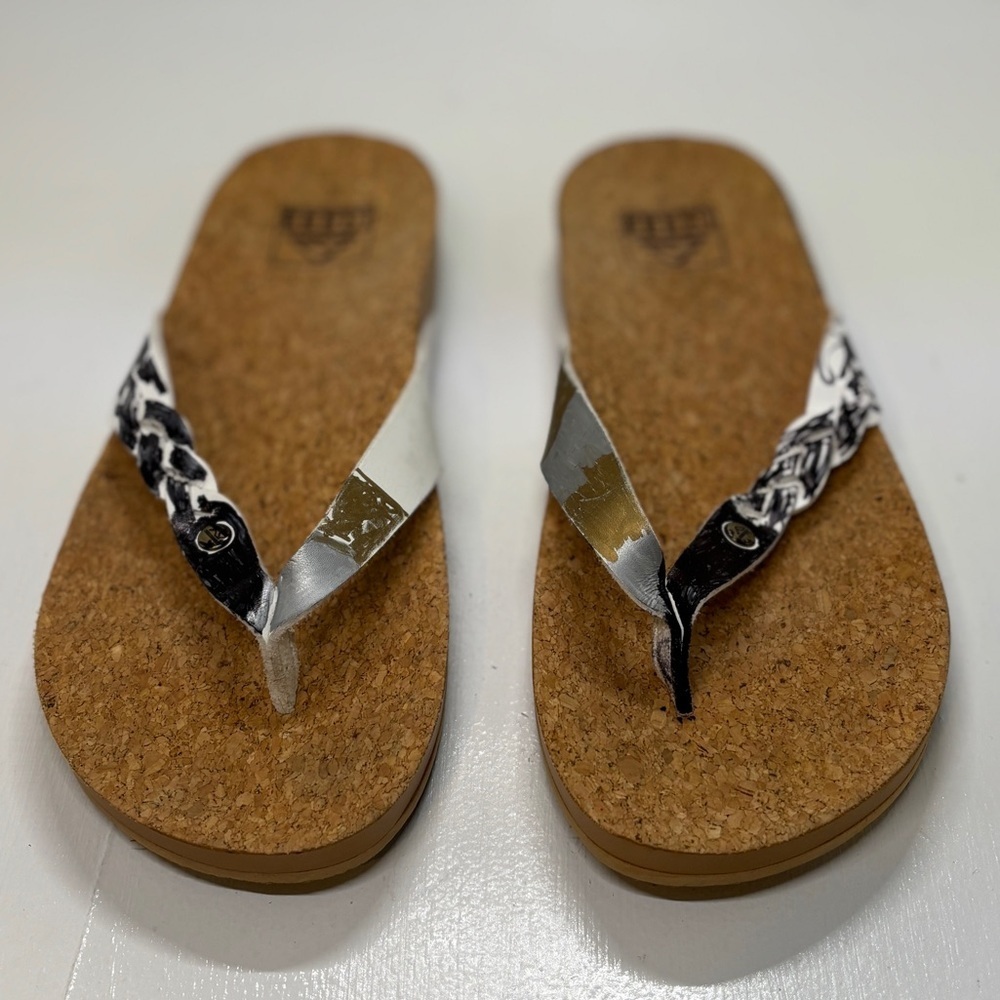 Reef Cushion Court Twist Flip Flops Women’s Size 6 Cork Footbed Black White - Picture 4 of 11